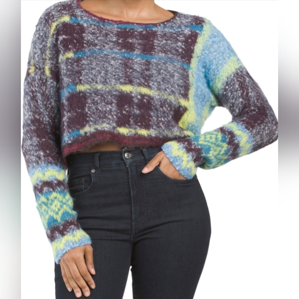 Free People Women's Emerson Plaid Crop Pullover Sweater size L - Picture 6 of 17